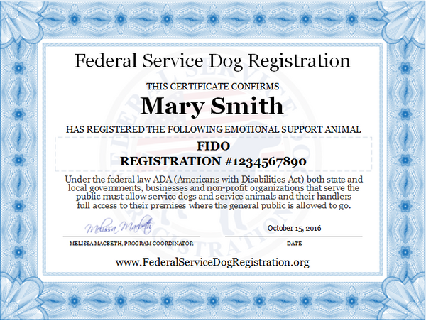 Emotional Support Animal ESA Certificate From Federal Service Dog Registration